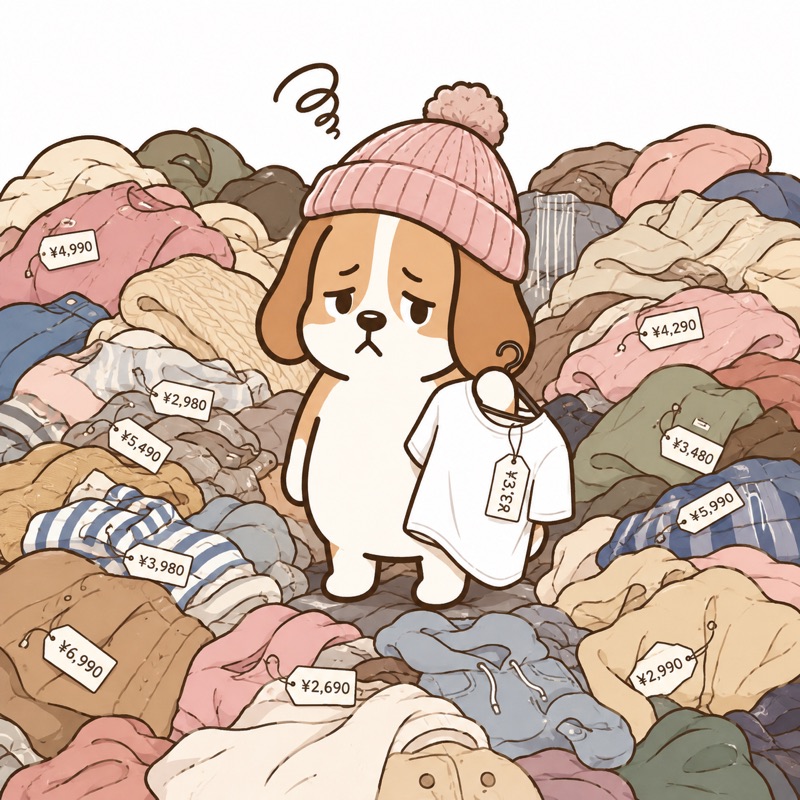 服の山に埋もれるいぬくん