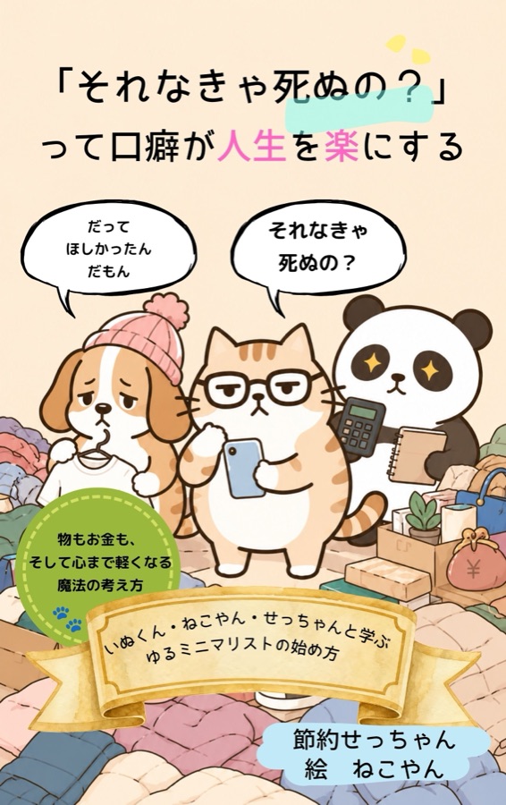 『それなきゃ死ぬの？』表紙。いぬくん・ねこやん・せっちゃんが服の山の上にいる